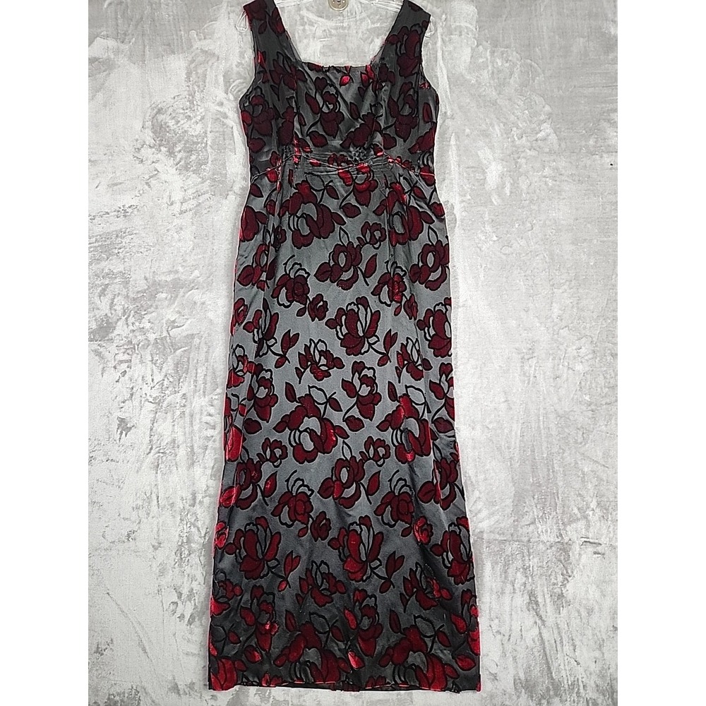 VTG Velvet Maxi Dress Womens‎ 8 Black Red Burnout Sleeveless Vamp Goth Evening